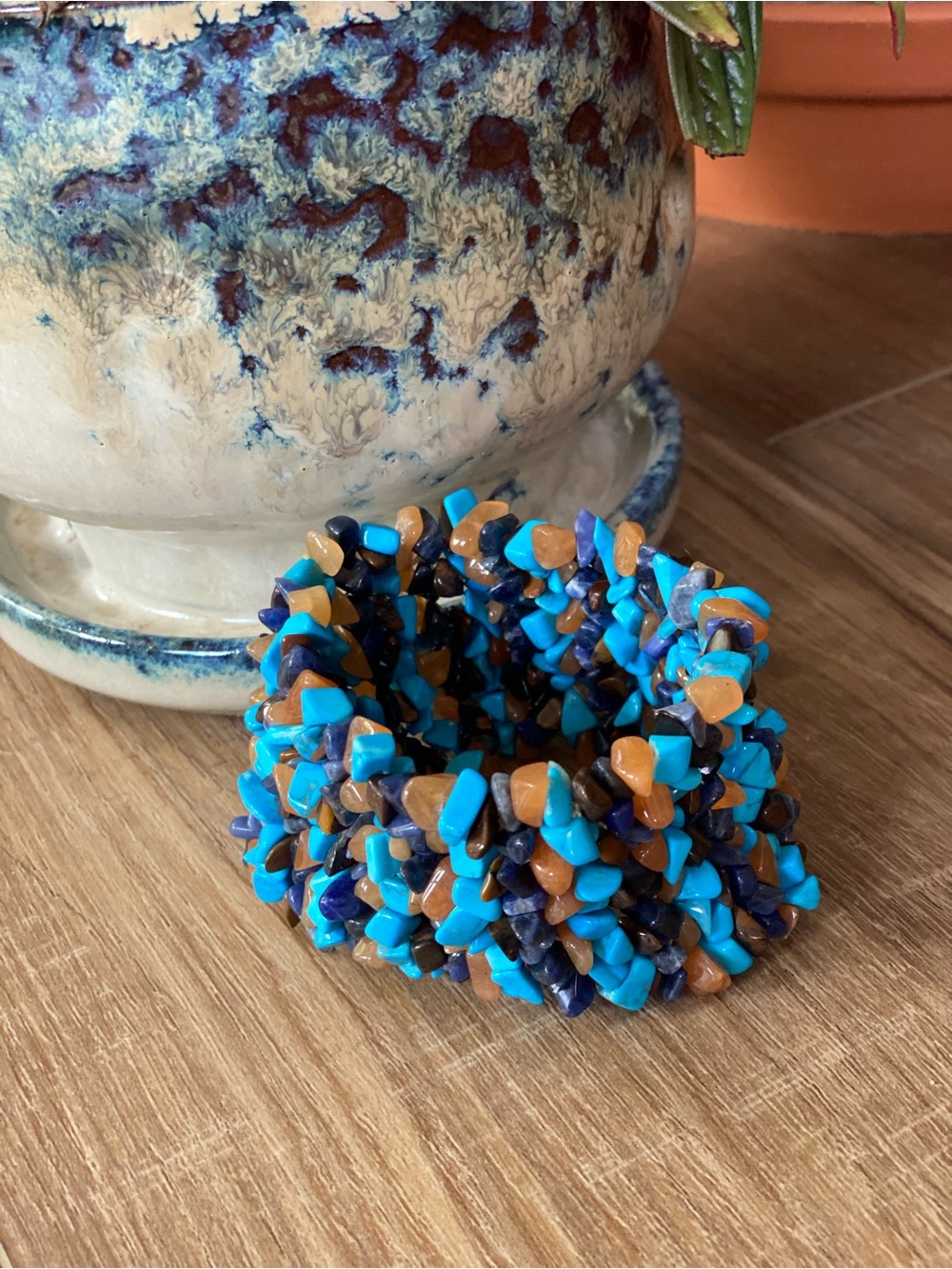 Beautiful Blue And Warm Brown Chip Gemstone Stretch Bracelet